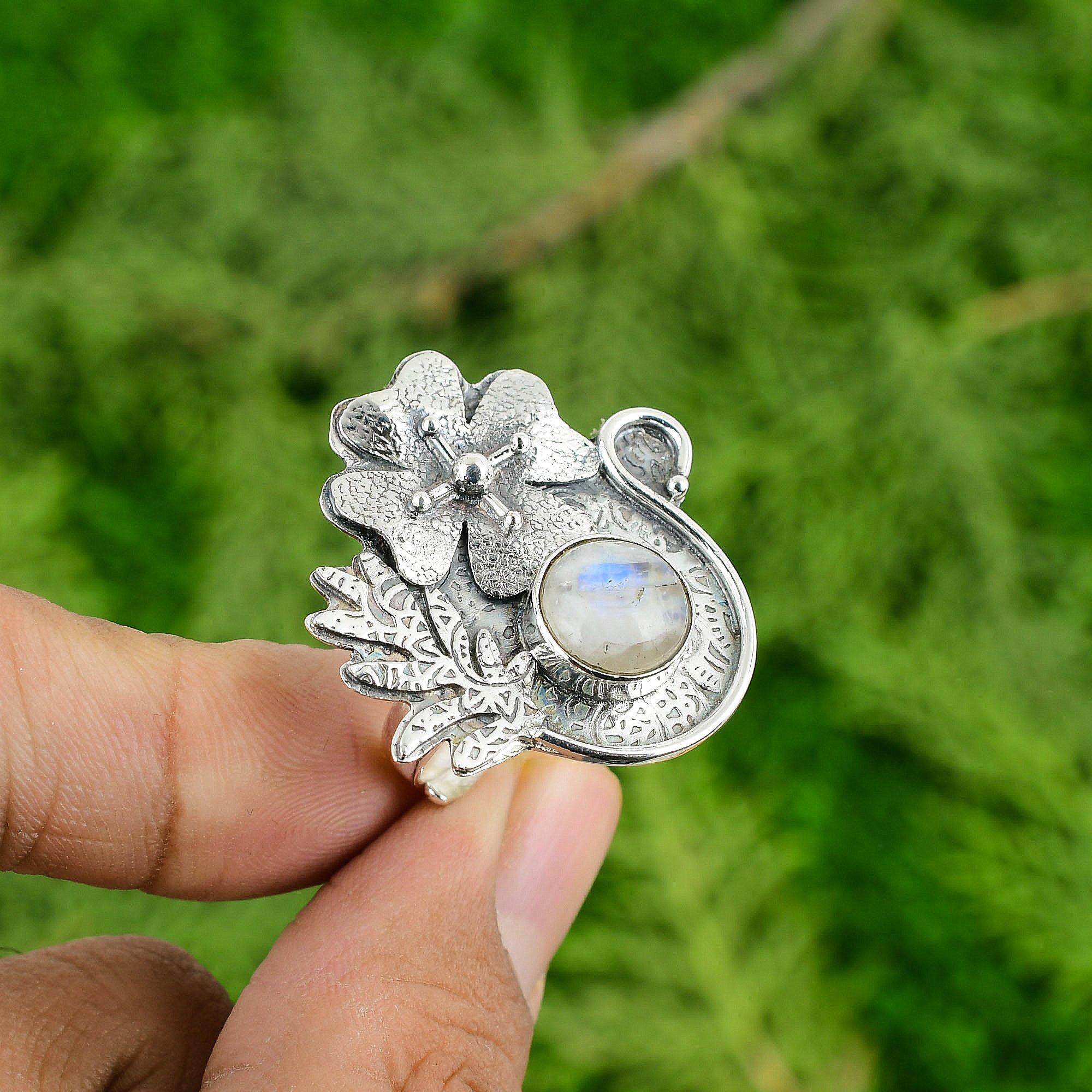 

Rainbow Moonstone Gemstone Birthday Flower Engagement Solitaire Ring 925 Silver Adjustable