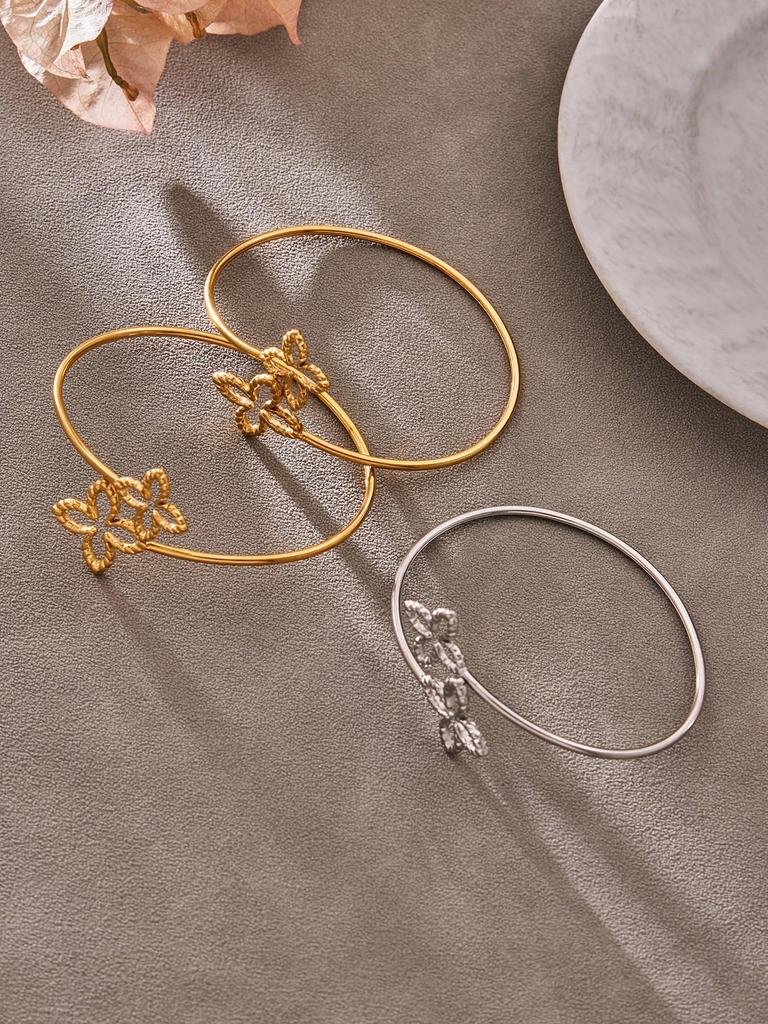 Elegant Double Flower Open Bracelet, 18k Gold-Plated Stainless Steel