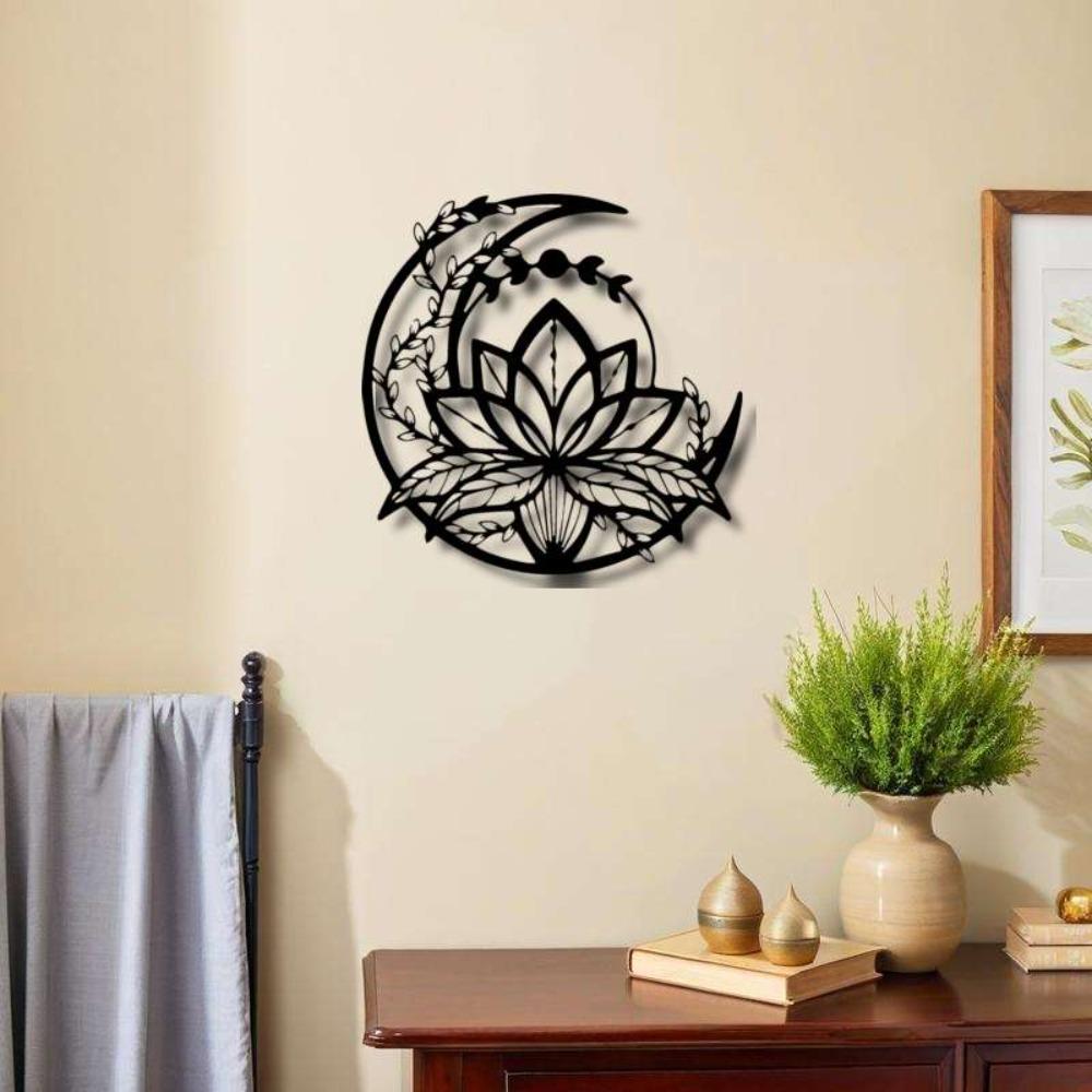 Wrought Iron Lotus Moon Wall Art Modern Minimalist Home Decor Living Room Bedroom Outdoor Patio Easy Install Housewarming Wedding Gift