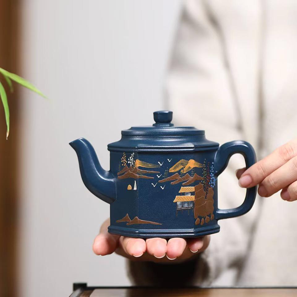 Authentic Yixing Zisha Palace Lantern Teapot: Aged Sky Blue Clay, Green Mountain Setting, High-End Tea Set