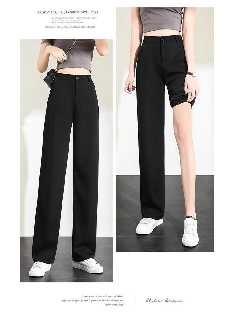 Ice Silk Black Wide-Leg High-Waist Women's Spring/Summer Pants - Slim, Loose, Casual Straight Trousers.