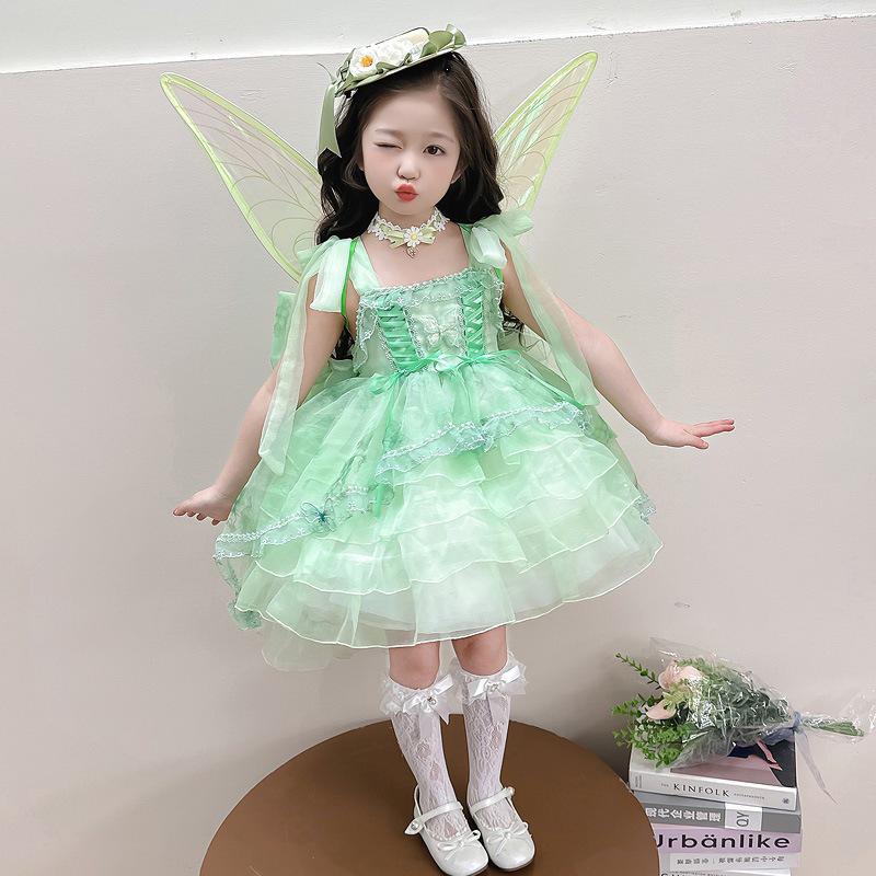 Girls' 2025 Summer Lolita Princess Dress with Stylish Wings - Green Grape Birthday Skirt