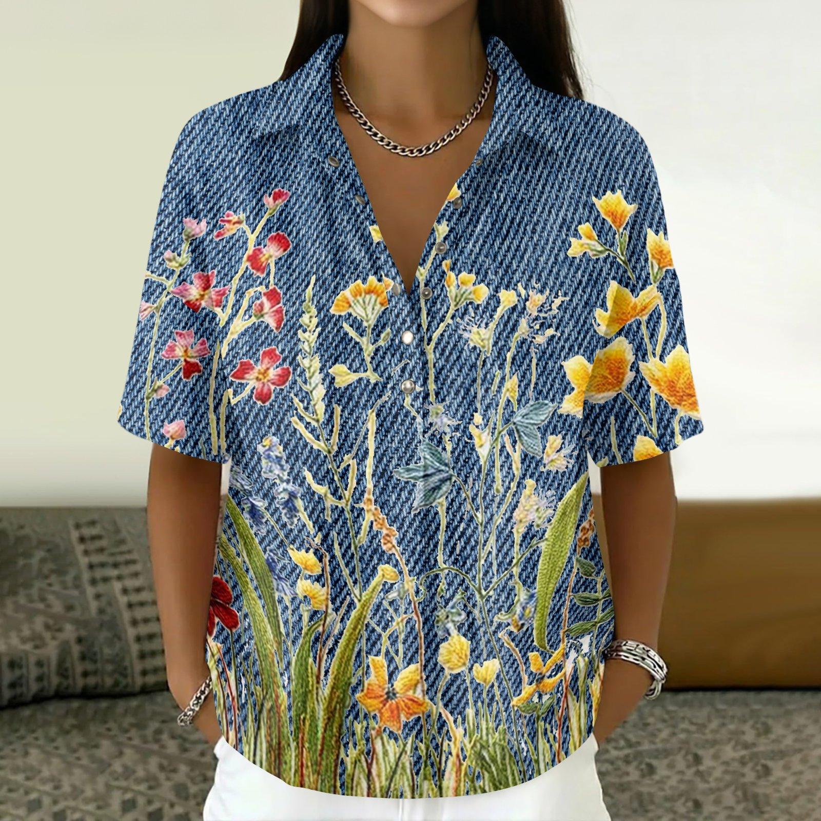 Women s Retro Floral Print Button Lapel Short Sleeve T-Shirt, Cotton-Linen Relaxed Fit Casual Vintage Top XL