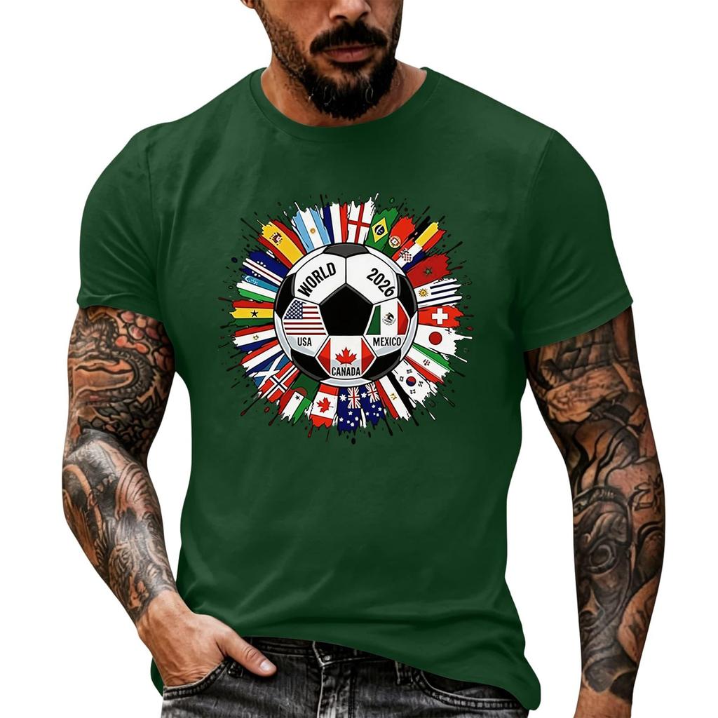 Men's Basic Crew Neck Short Sleeve T Shirt Loose Fit Casual Summer Top Soccer Ball and International Flags Graphic Print