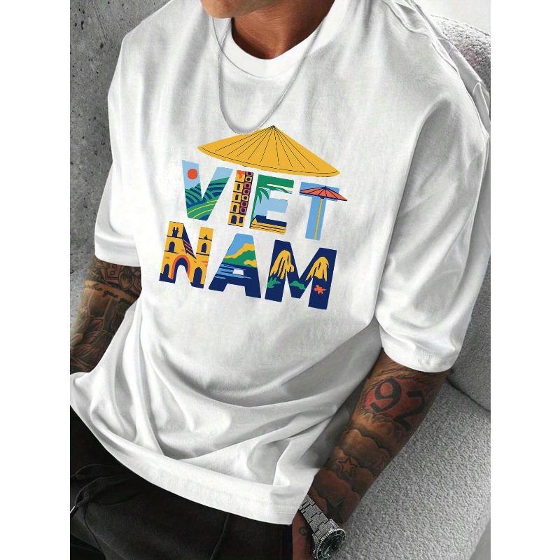 European Sizes Men's Casual Short Sleeve T-Shirt - Vietnam Travel Graphic Print with Iconic Landmarks, Breathable Regular Fit Summer Tee