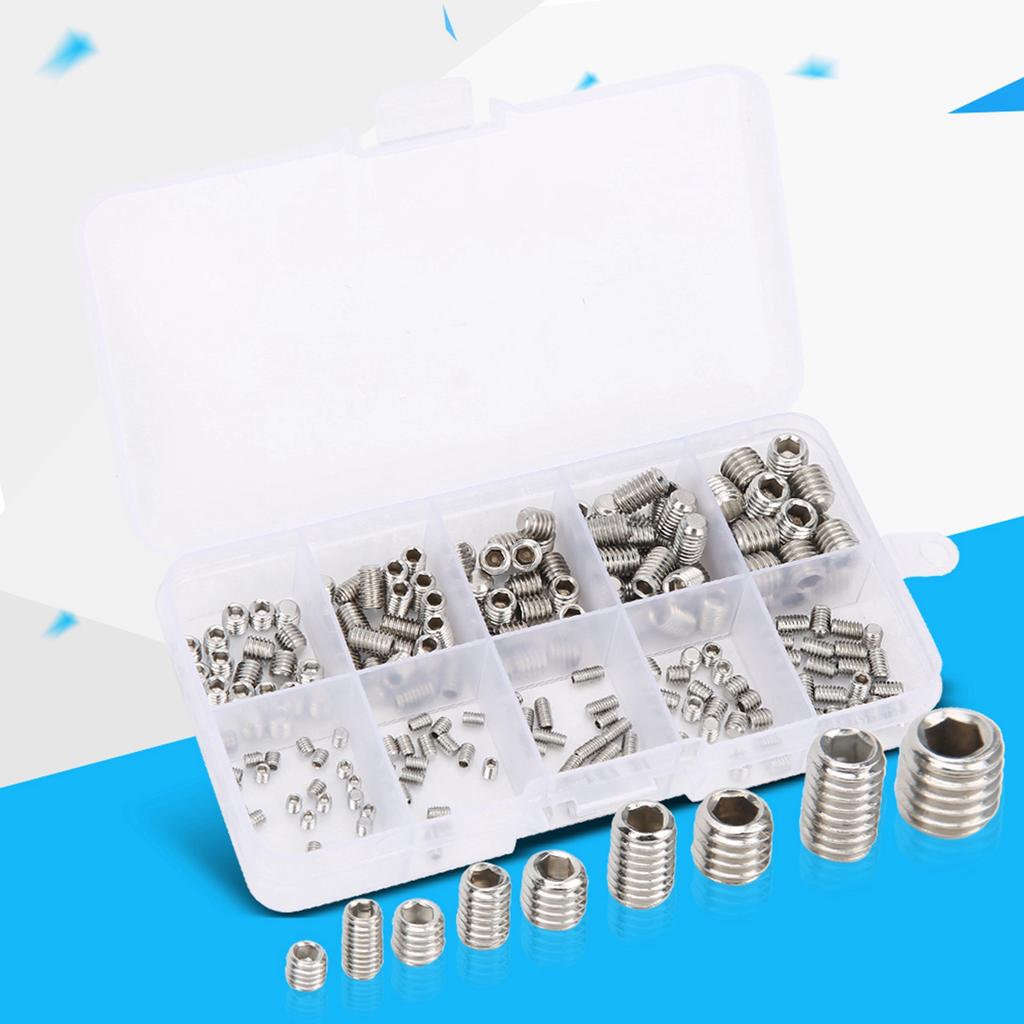 200Pcs Hex Grub Screws Socket Headless Assortment Stainless Steel Machine Set Tools