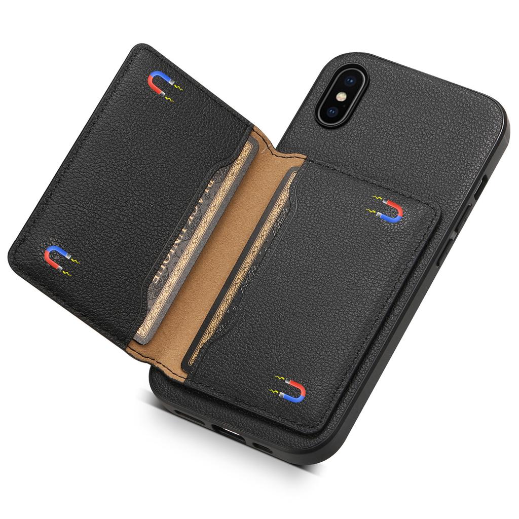 Für iPhone X/XS Hülle Kartenfach Kalbsleder Textur PU+ PC+TPU Handyhülle mit Ständer