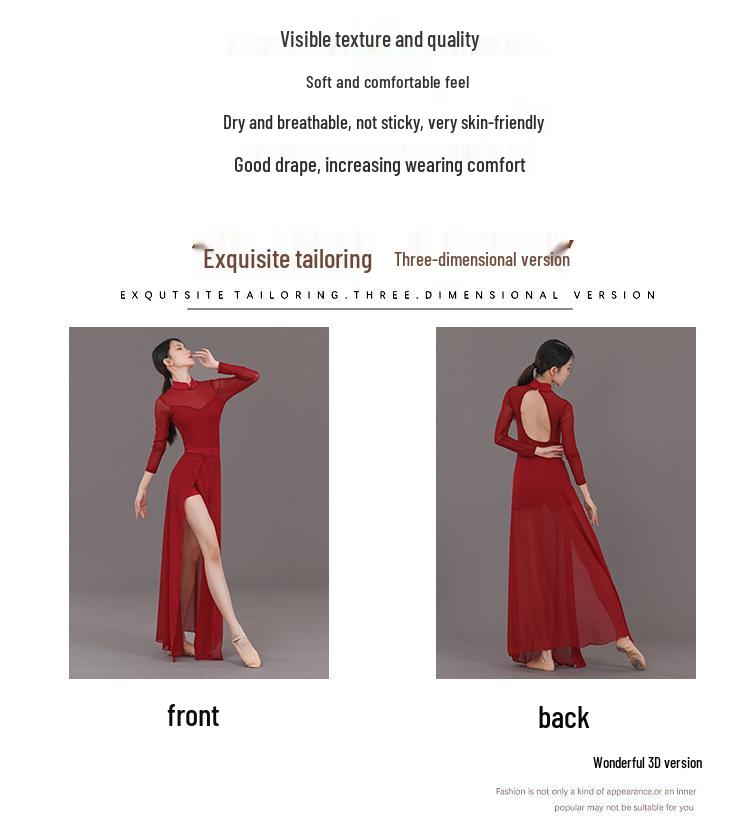 Kostým čínského klasického tance čcheongsam s vysokým rozparkem a dlouhou sukní pro umělecké zkoušky a praxi