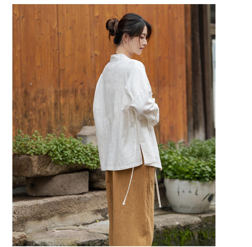 Ramie Sand-Washed Zen Style Hanfu Top – Women's Spring Edition, Cross-Collar, New Chinese Tea Art Design