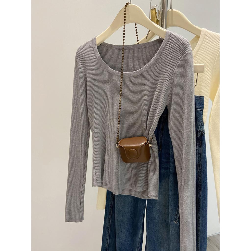 Retro u-neck knitted sweater bottoming sweater women's autumn and winter soft waxy long-sleeved front shoulder slim-fitting and thin inner top