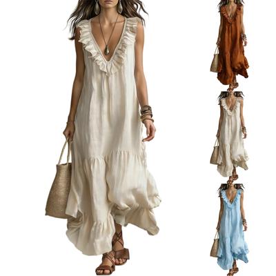 Lässiges ärmelloses Damenkleid aus Baumwoll-Leinen-Mischgewebe mit V-Ausschnitt und weitem Schwung