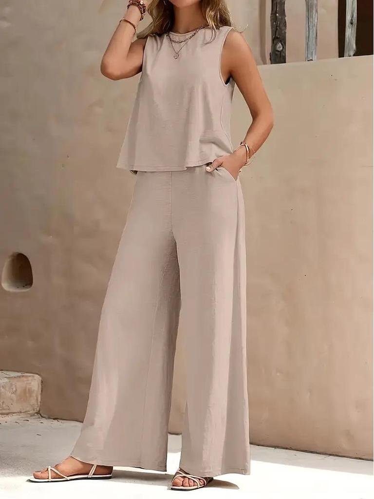 Elegant Solid Color Two-Piece Set: Crew Neck Tank Top & Wide-Leg Pants - Women's Clothing 2026