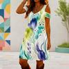 Women Plus Size V Neck Cold Shoulder Abstract Printed Short Sleeve Curved Hem Dress