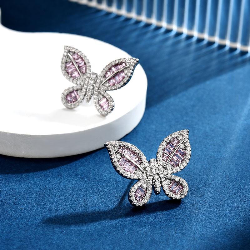 Pink diamond full set butterfly stud earrings dream shining insect design earrings niche gentle girl heart versatile earrings