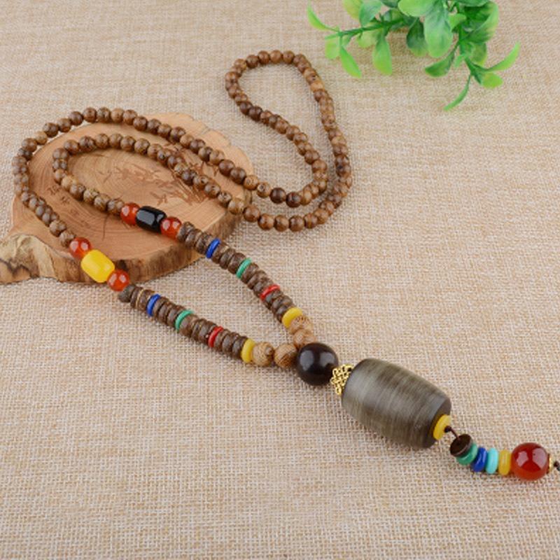 Vintage Etniska Kläder Accessoarer Tröjkjede Lindbladshänge Lång Trätröjkjede