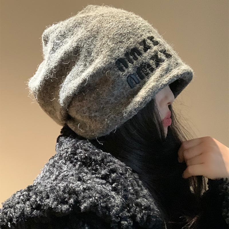 Wool knitted gray cold hat women's autumn and winter warm ear protection face small pile hat big head circumference bag head hat