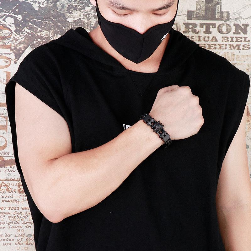 12mm Punk Gold Color Viking Wolf Bracelet Men Hiphop Black Stainless Steel Biker Bike Double Mesh Chain Bangle Jewelry Wristband