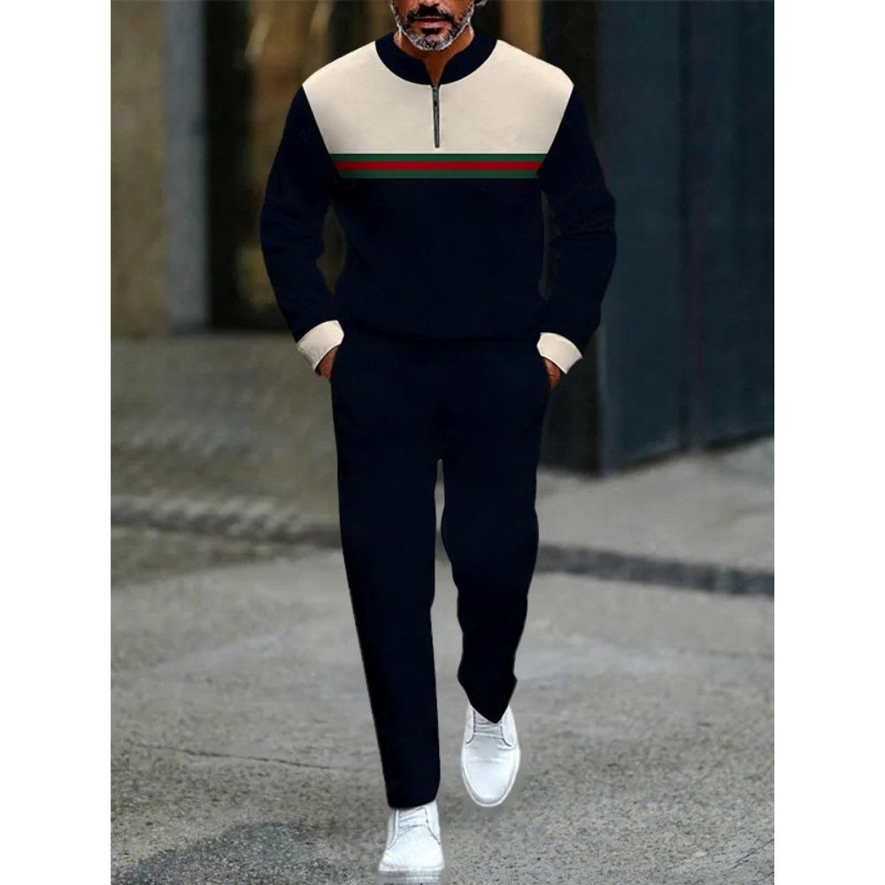 Frühling Herbst Mode Streetwear Herren Langarm Halbreißverschluss Stehkragen Lässige Sportbekleidung Herrenbekleidung Zweiteiliges Set