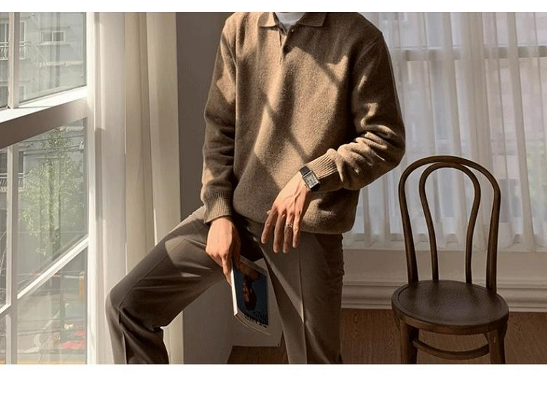 Suéter Polo Masculino de Alta Qualidade Estilo Coreano Cor Sólida - Tricô Casual Tendência com Gola para Outono