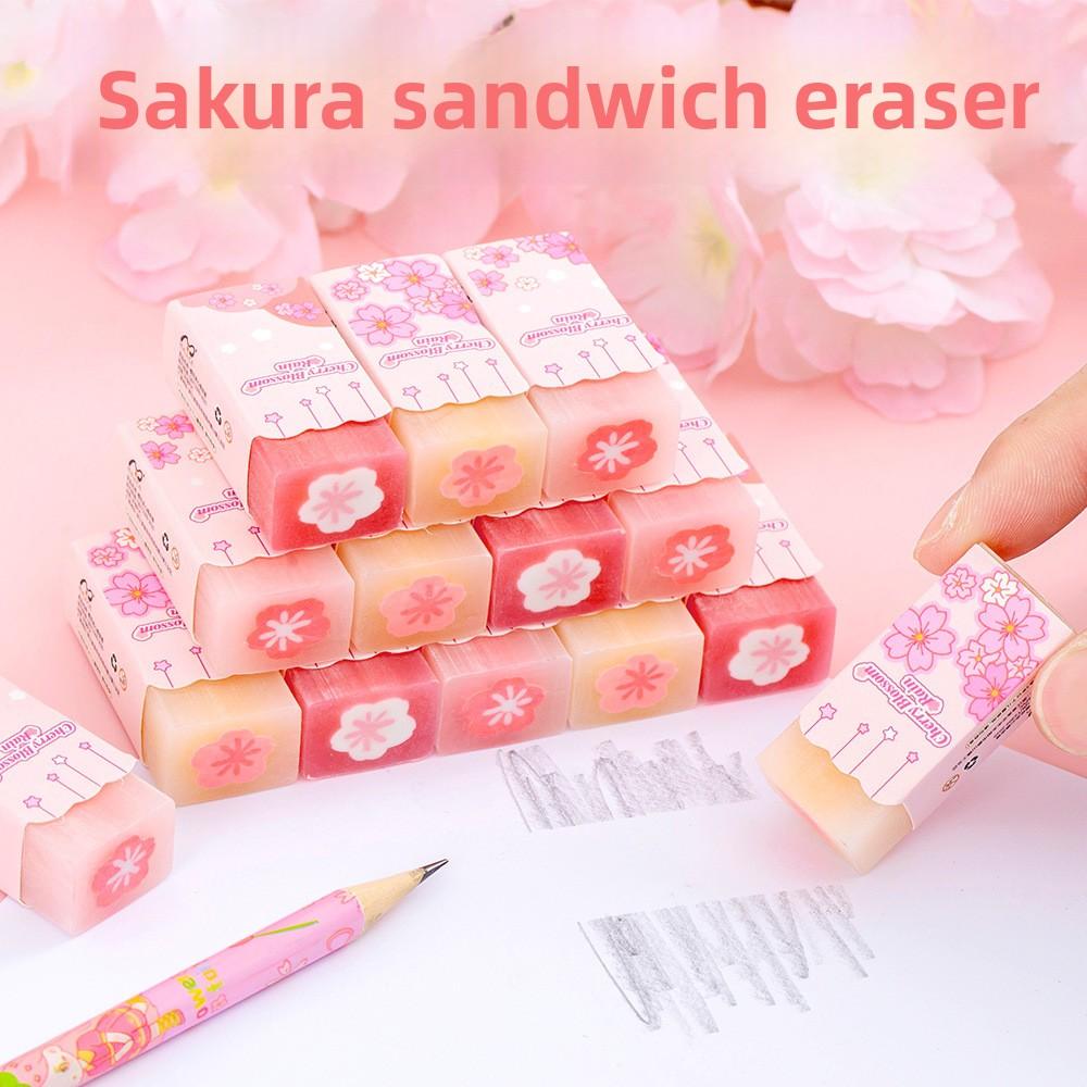 3 Stück/Los Kawaii Kirschblüten Sandwich Bleistift Radiergummi Kinder Süß Weniger Abrieb Gummi Kirschblütenblatt Radiergummis Schulbedarf