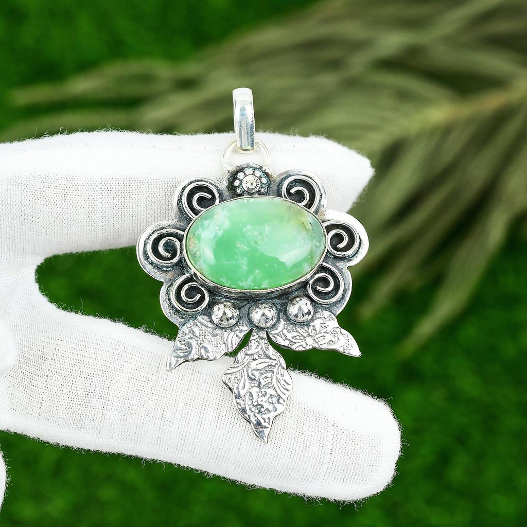 Sisters Day Sale Oval Chrysoprase Gemstone Mother New Pendant Jewelry 925 Silver