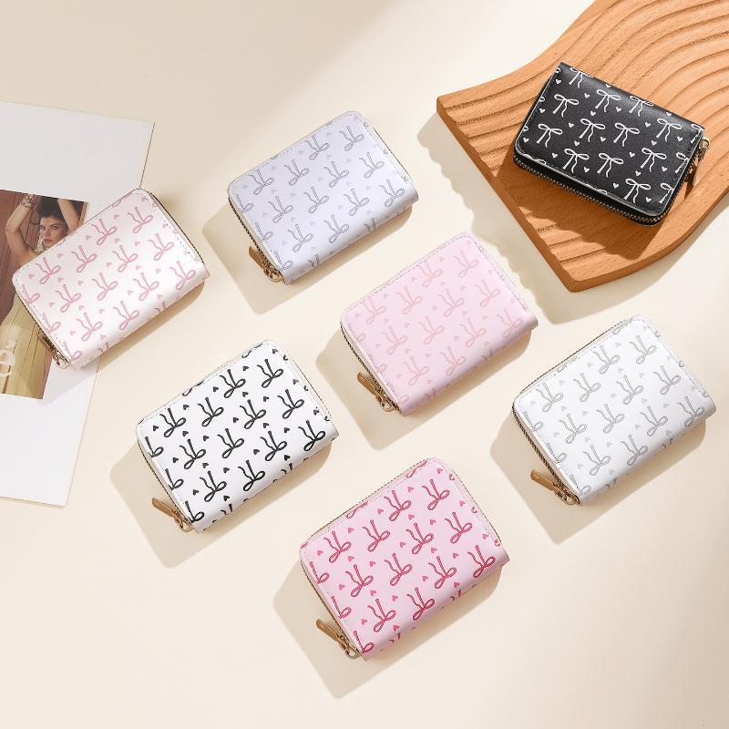 Cute Bow Print PU Leather Card Holder Multiple Slots Secure Zipper Coin Purse Small Wallet for Weekend Trips
