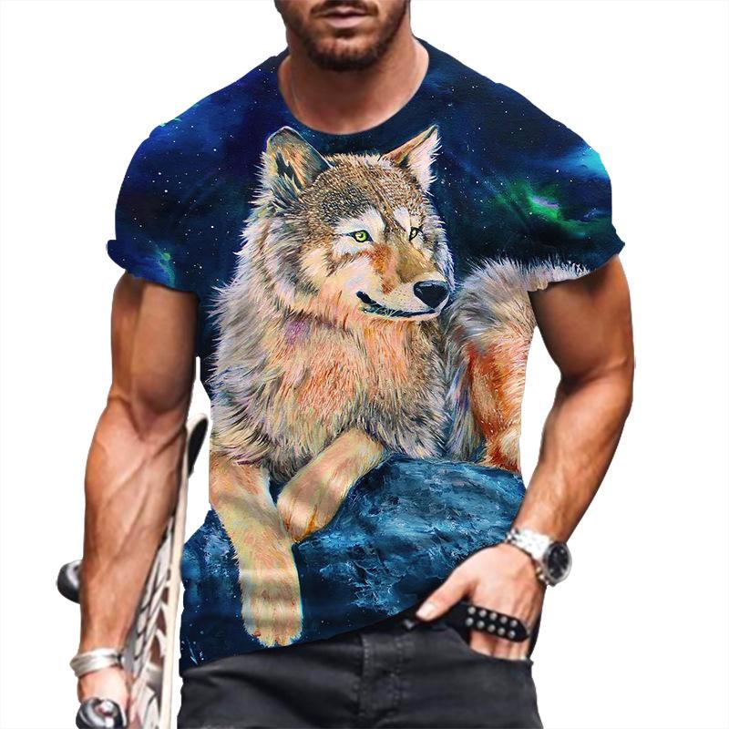 T-Shirt mit 3D-Buchstabendruck für Herren, Tier-T-Shirts, Wolf, große Größe, kurzärmelig, lässiges Oberteil für Herren