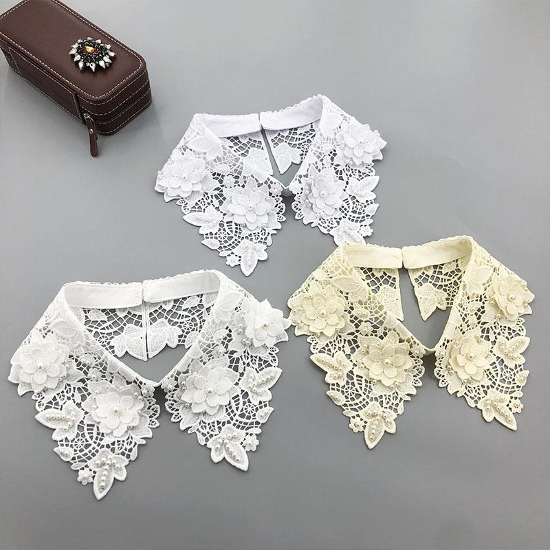 Flower Lace Fake Collar Tie Beading Detachable Collar Shirt False Collar Woman Blouse Top Dickey Detachable Lapel Necklace