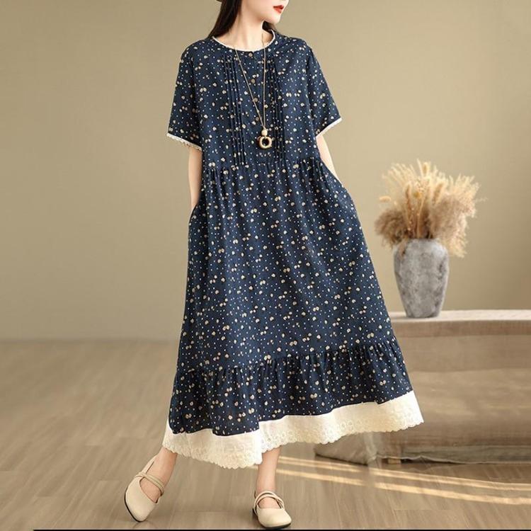 Plus Size Women Casual Loose Long Vintage Floral Summer Dress Short Sleeve Cotton Linen New In Dresses