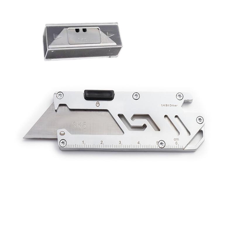 Stainless Steel EDC Folding Utility Knife, Multifunctional Paper Cutter, Manual Knife, Bottle Opener, Key for Camping, Hiking