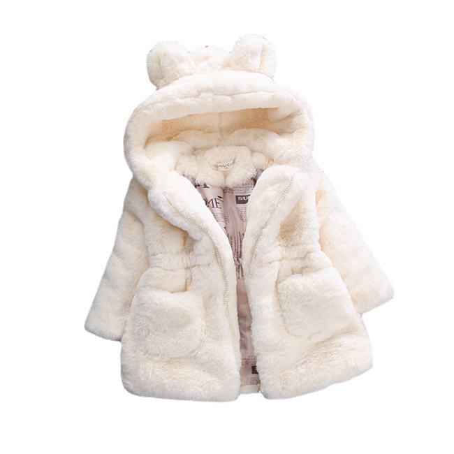 Autumn/Winter Girls' Furry Sweater Coat with Faux Fur Ears, Thickened Cotton-Padded