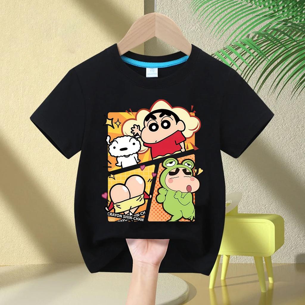 2026 New Summer Cotton Cartoon Crayon Shinchan Print TShirt Summer Fashion Casual Round Neck Cotton Childrens Top