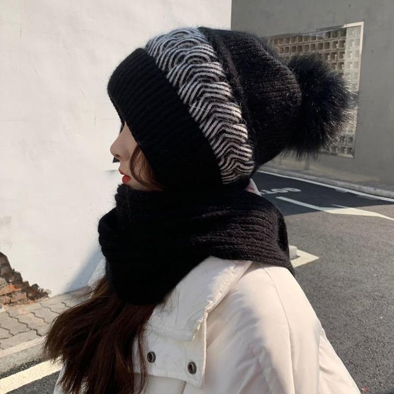 Zimowy dzianinowy zestaw czapek Skullies z szalikiem, odporny na zimno, szalik chroniący uszy, ciepłe dziewczęce czapki, rowerowe, wiatroszczelne, damskie, outdoorowe czapki