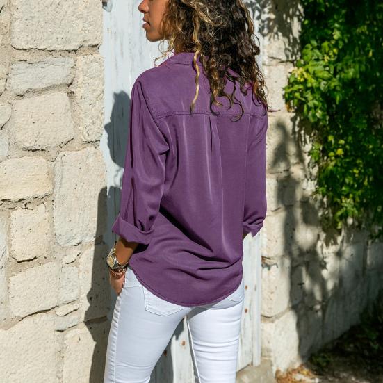 Women Shirt Lapel Long Sleeve Buttons Placket Shirt Tops with Pockets Pure Color Regular