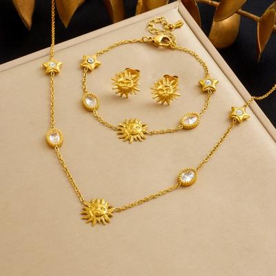 Sun Star Gold Jewelry Set Zircon Necklace Earrings Bracelet