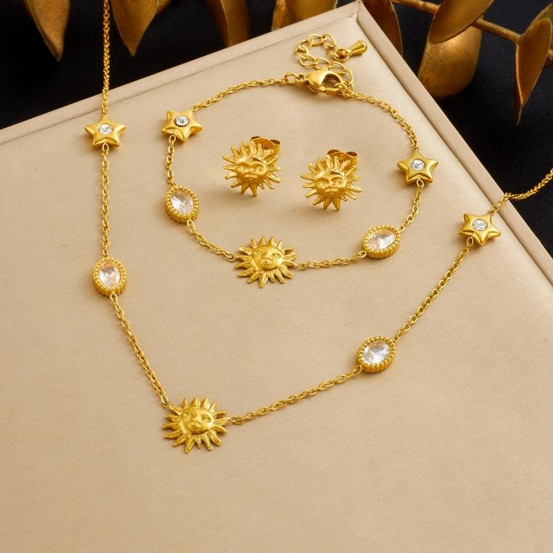 Sun Star Gold Jewelry Set Zircon Necklace Earrings Bracelet золотой