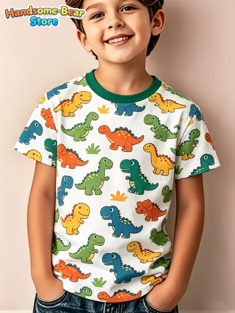 Boys Clothes Dinosaur Colorful Cartoon 3D Print Boys' T-Shirt Summer Short Sleeve Tops O-Neck Outdoor Casual Children's Clothing