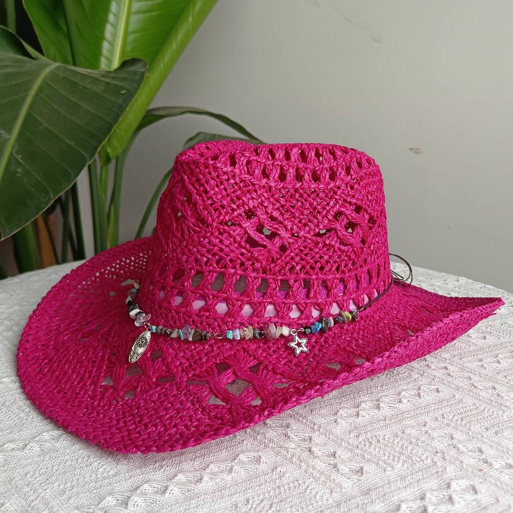 2026straw New cowboy hat women'shollow woven cowboy straw hat retro elegant western cowboy wide brim hat