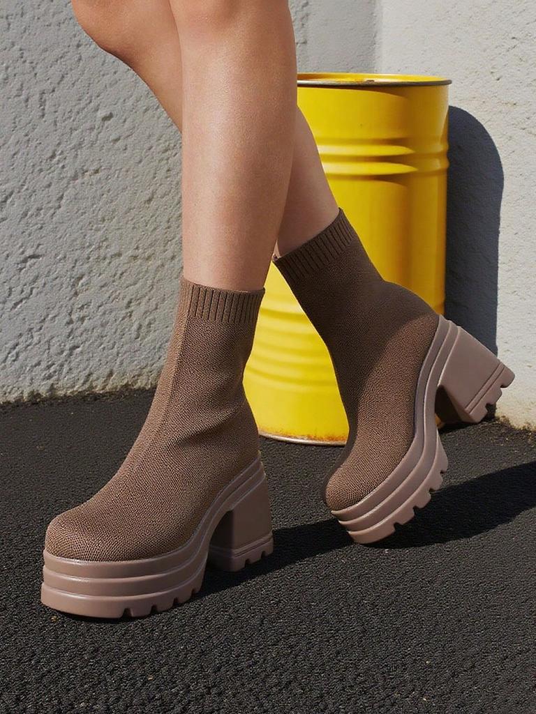 Women'S Casual Slip-On Knitted Ankle Boots High Heel Thick Bottom Fashion Platform Short Sock  Boots Dress Breathable Shoes