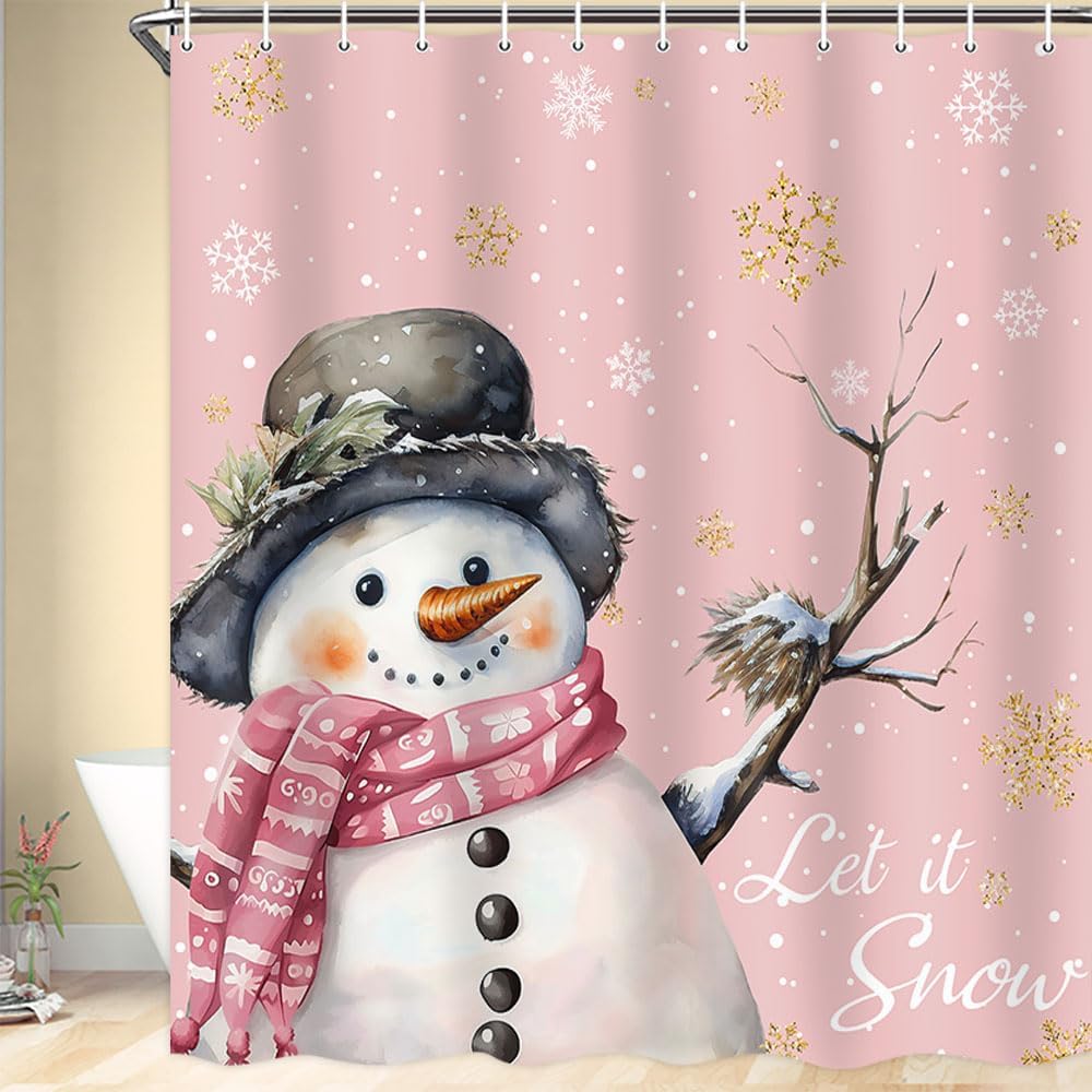 Christmas Shower Curtains Merry Xmas Green Christmas Tree Winter White Snow Gold Stars Red Scarf Bathroom Shower Curtain Xmas