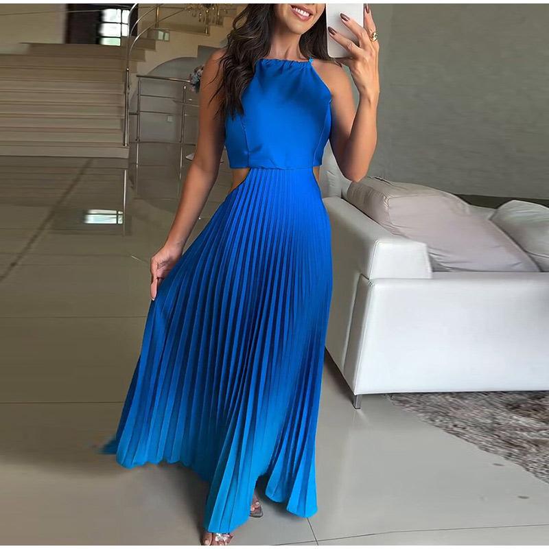 

Элегантное плиссированное длинное платье градиентного цвета, модное женское платье без рукавов с подвесным дизайном, стильное, модное, новинка 2025 года M синий