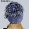 Winter Women's Warm Fashion Beanie Knitted Hat Real Rex Rabbit Fur Hat Knitted with Side Flower Russia Hat