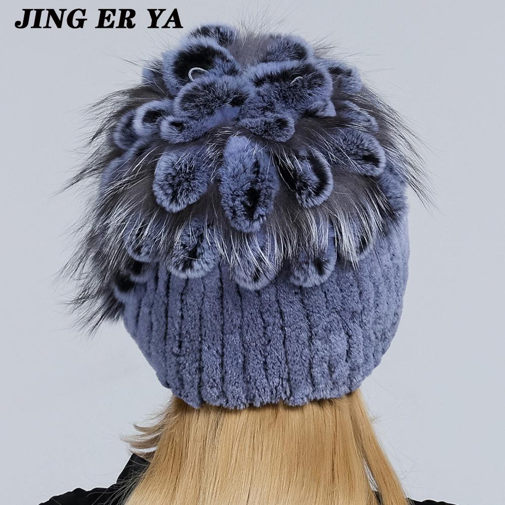 Winter Women's Warm Fashion Beanie Knitted Hat Real Rex Rabbit Fur Hat Knitted with Side Flower Russia Hat