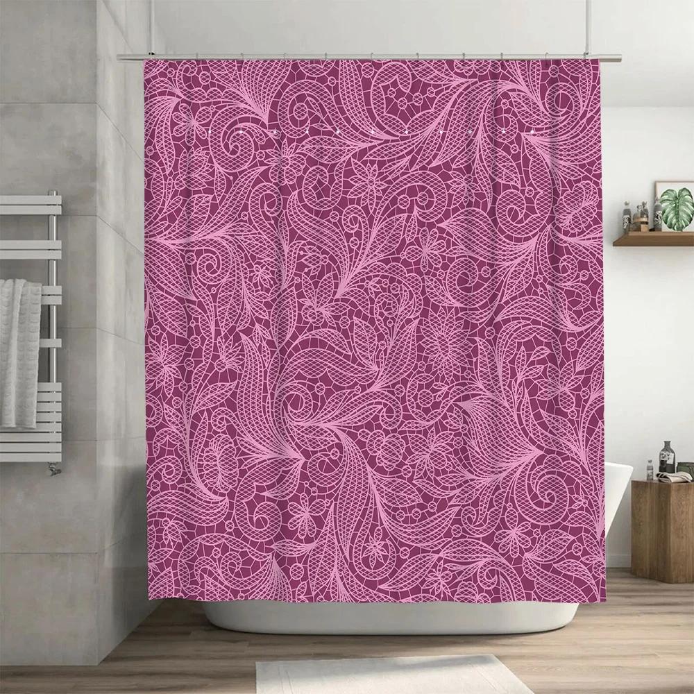 Elegant Pink Lace Shower Curtain Decorative Waterproof Bath Rug Cover Home Decoration