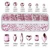Mixed Color Flat Back Rhinestone Nail Art Kit with 12 Grids - Heart, Water Drop, and Rhombus Shapes.