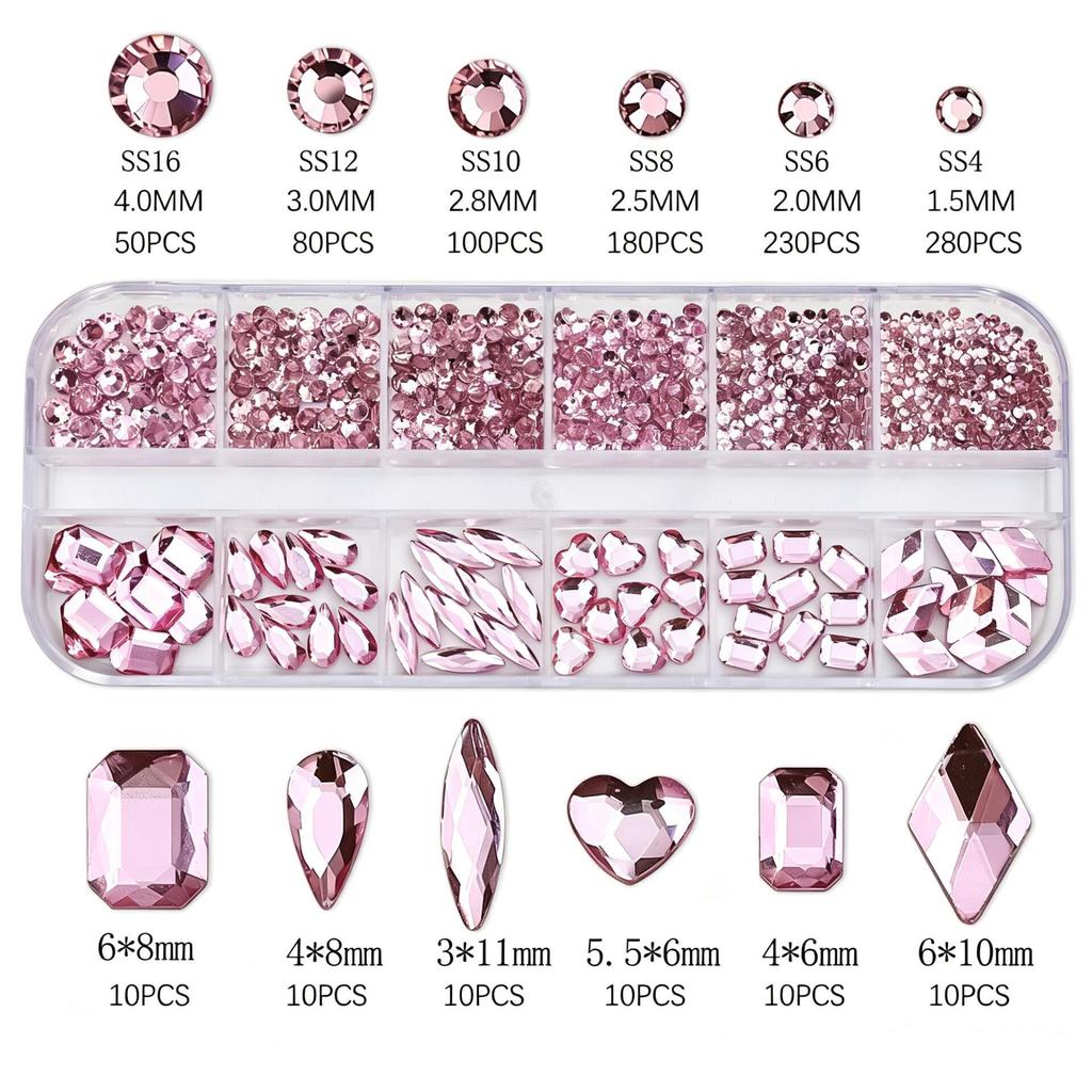 Mixed Color Flat Back Rhinestone Nail Art Kit with 12 Grids - Heart, Water Drop, and Rhombus Shapes.