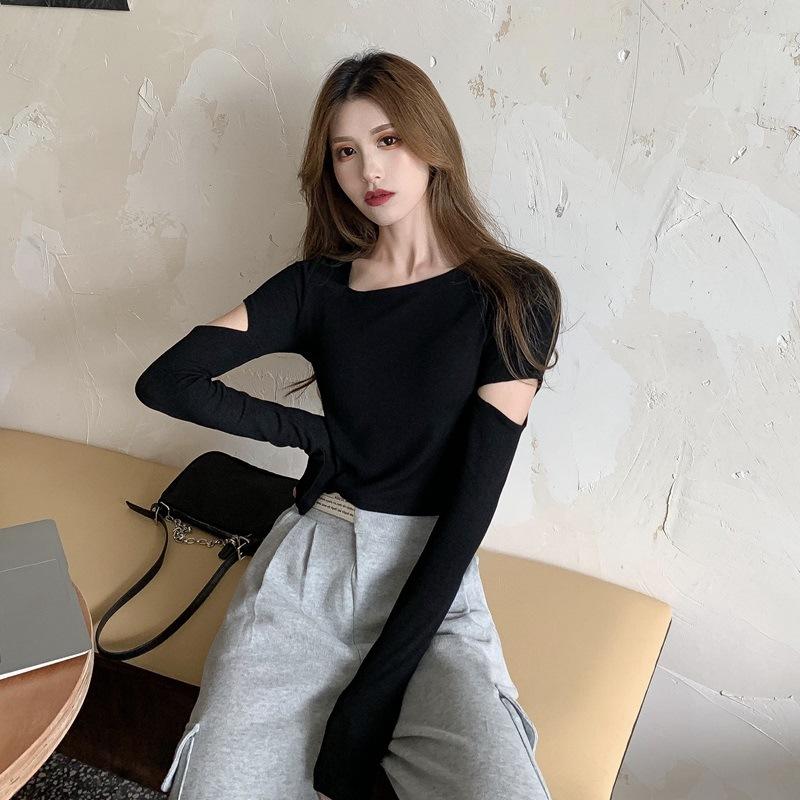 Solid Color Slim Thin Long-sleeved T-shirt for Women Ripped Round Neck Base Shirt for Women for Women Autumn Tight Design Top for Women