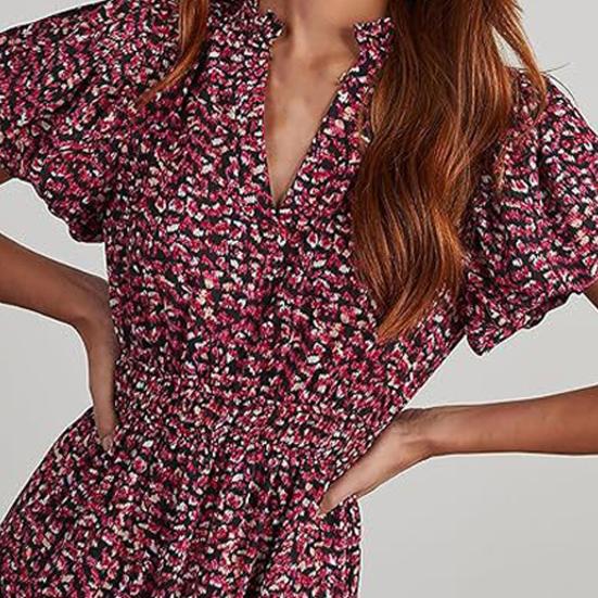 Vestido de mujer V Big Swing Flor Manga de burbuja Cuello pequeño Estampado corto Línea A Cintura alta