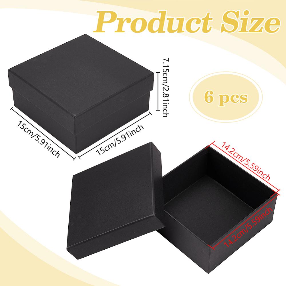 6pcs Kraft Paper Jewelry Set Packaging Boxes Square Black 15x15x7.15cm