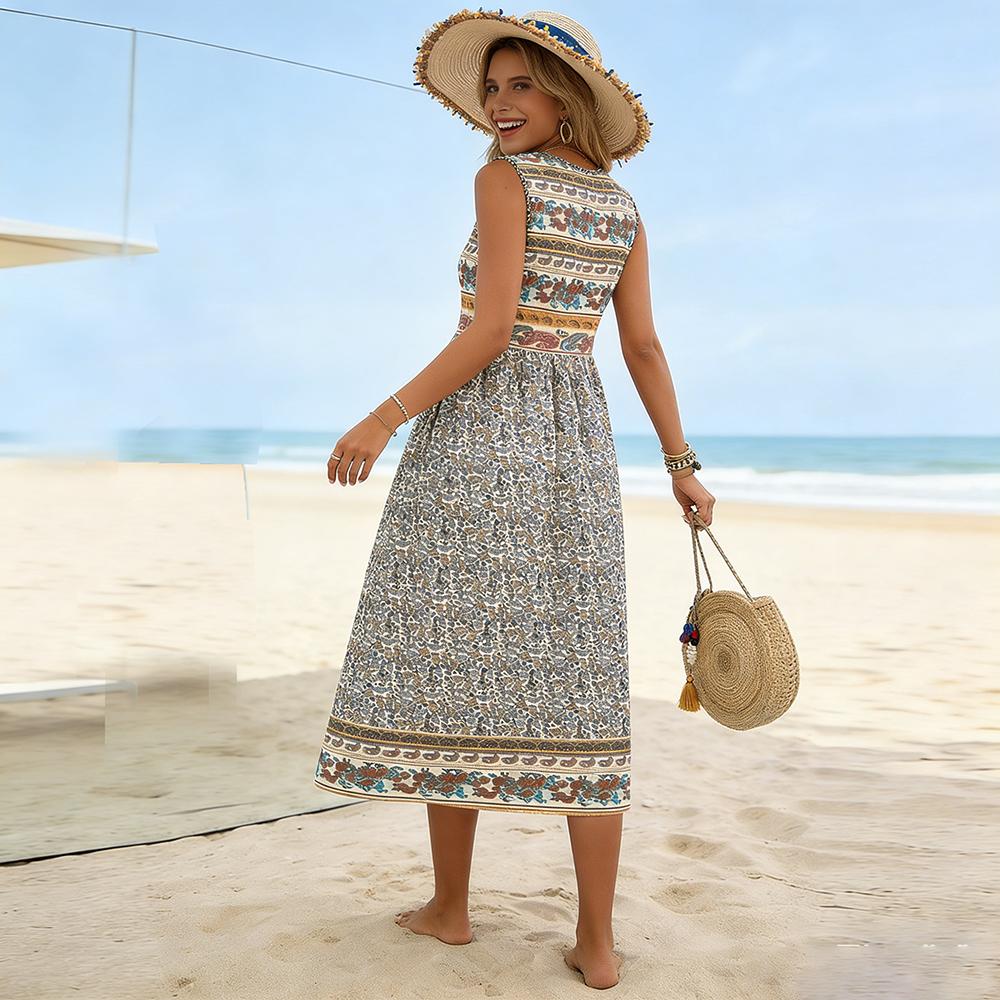Dress - SummerBreeze - Bohemian Print, Sleeveless, Midi